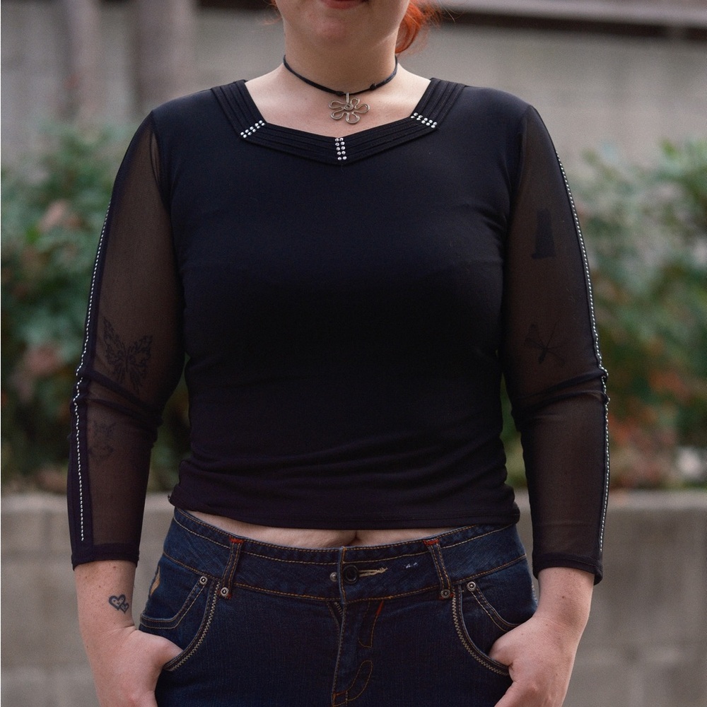 ✧˖° Vintage Black Mesh Long-Sleeve Rhinestoned Top ✧˖°